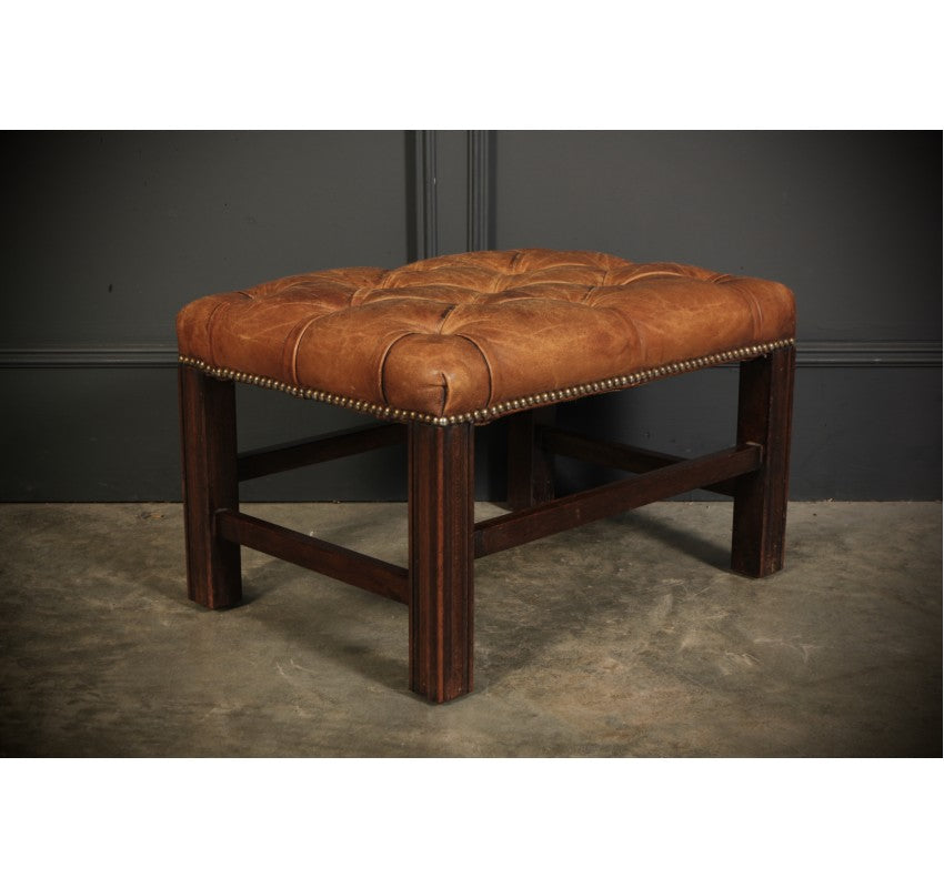 Buttoned Tan Leather Footstool