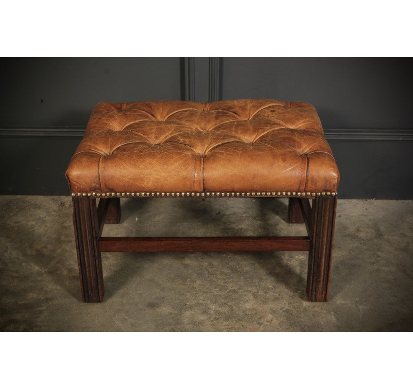 Buttoned Tan Leather Footstool