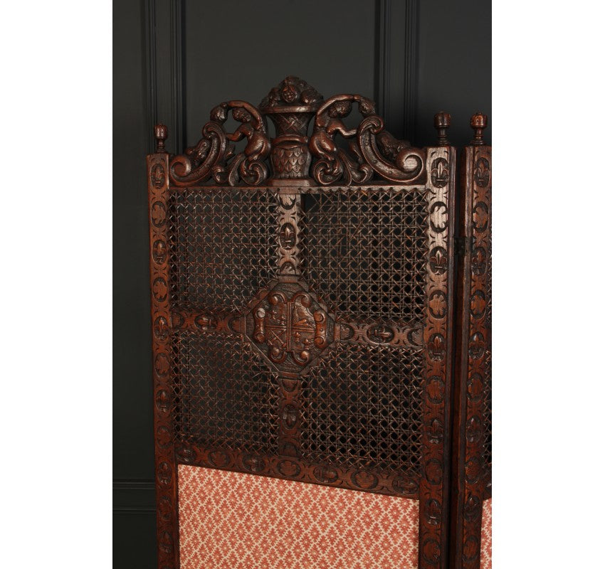 Carved Oak Carolean Style 2 Fold Screen