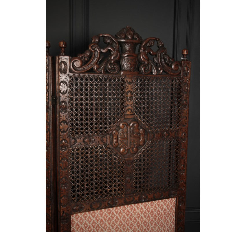 Carved Oak Carolean Style 2 Fold Screen