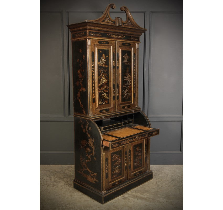 Early 19th Century Black Lacquered Chinoiserie Bureau Bookcase