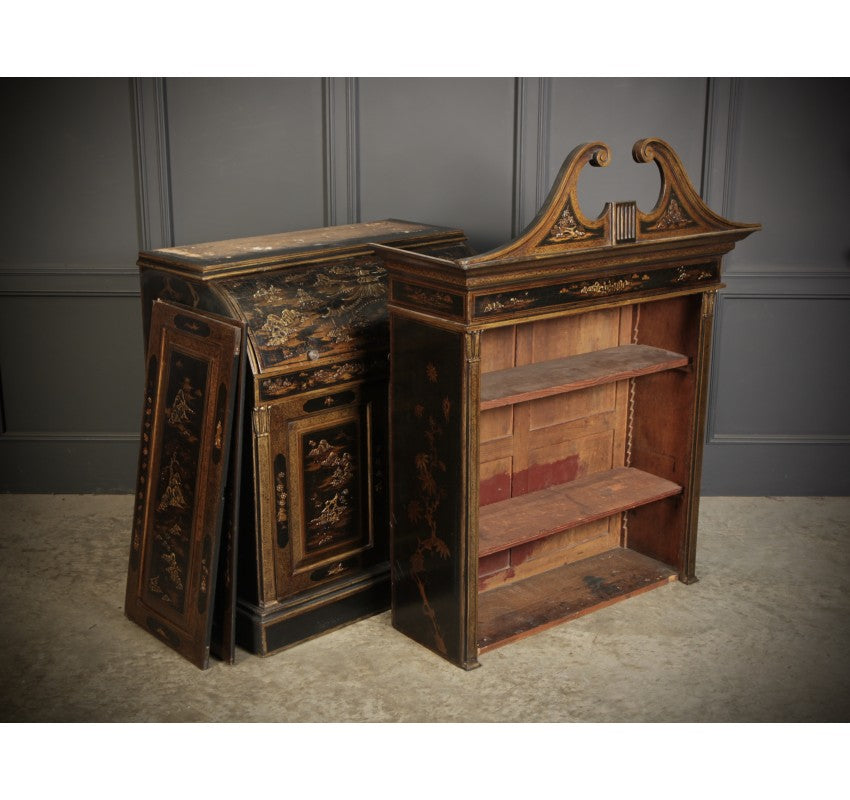 Early 19th Century Black Lacquered Chinoiserie Bureau Bookcase