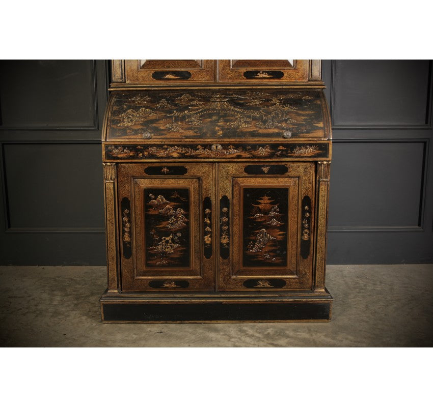 Early 19th Century Black Lacquered Chinoiserie Bureau Bookcase