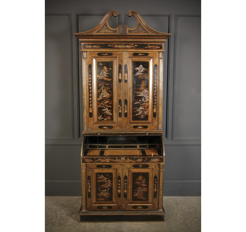 Early 19th Century Black Lacquered Chinoiserie Bureau Bookcase