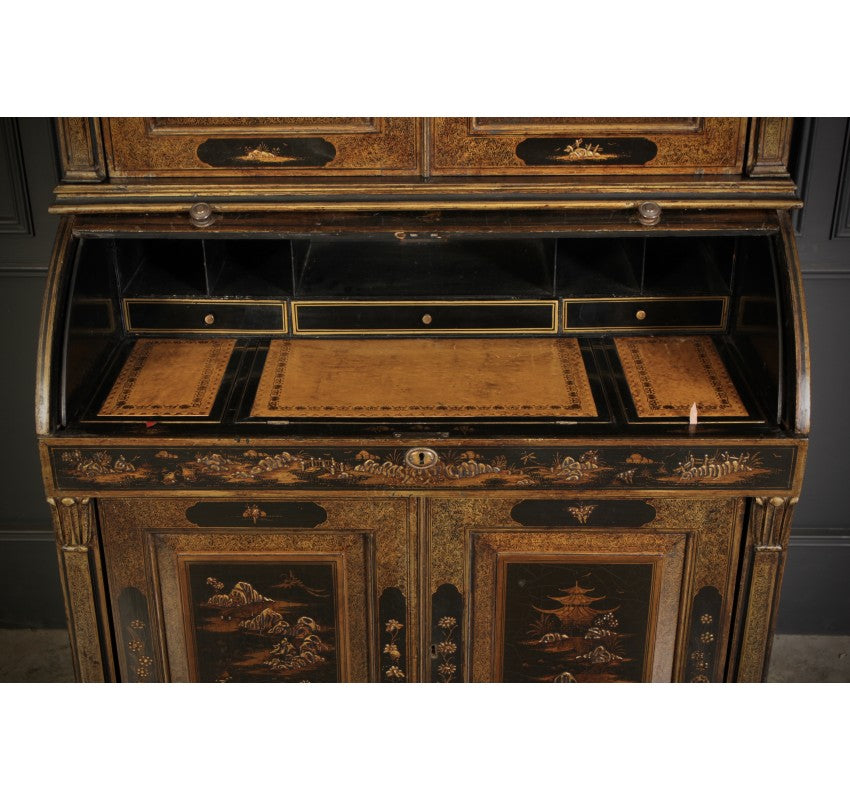 Early 19th Century Black Lacquered Chinoiserie Bureau Bookcase