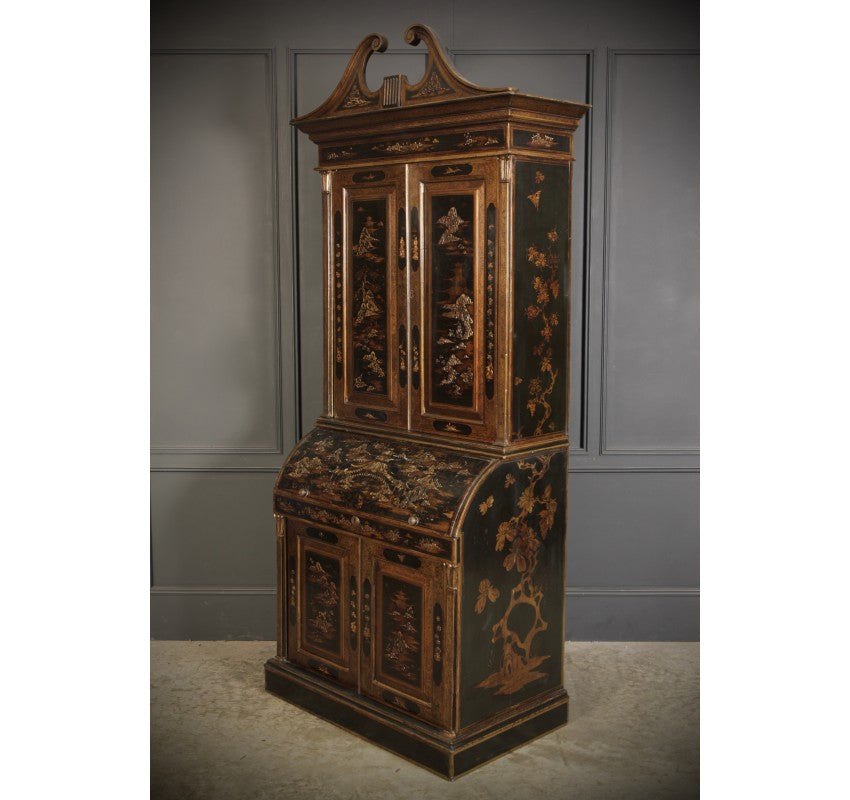 Early 19th Century Black Lacquered Chinoiserie Bureau Bookcase