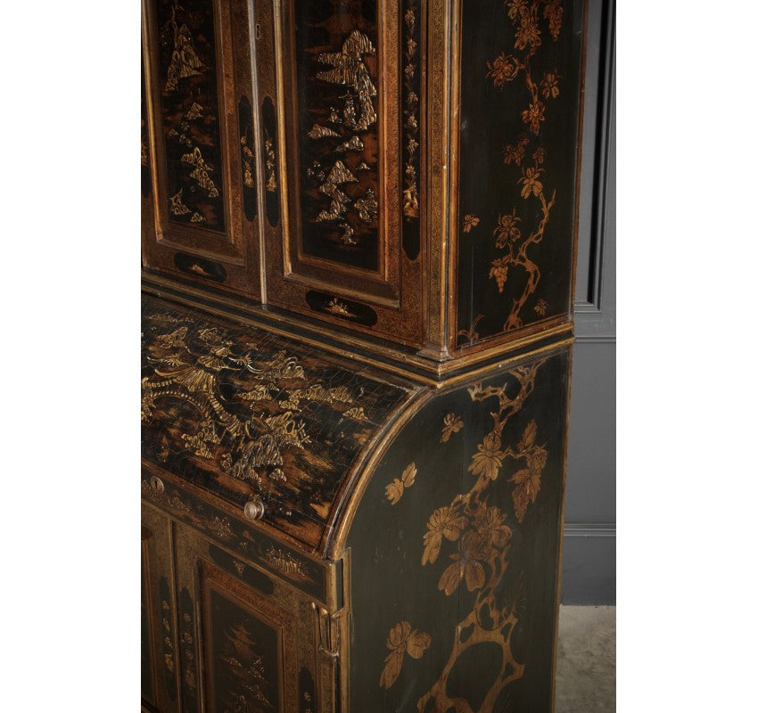 Early 19th Century Black Lacquered Chinoiserie Bureau Bookcase