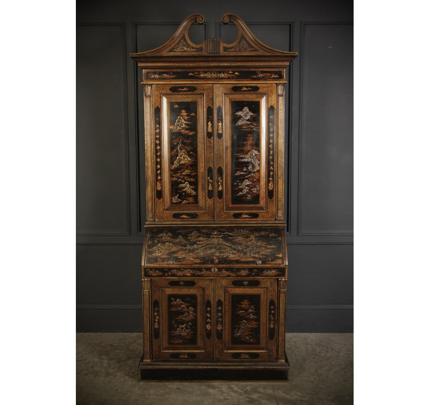 Early 19th Century Black Lacquered Chinoiserie Bureau Bookcase