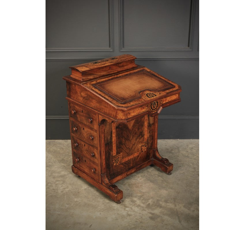 Figured Walnut Marquetry Inlaid Davenport Desk