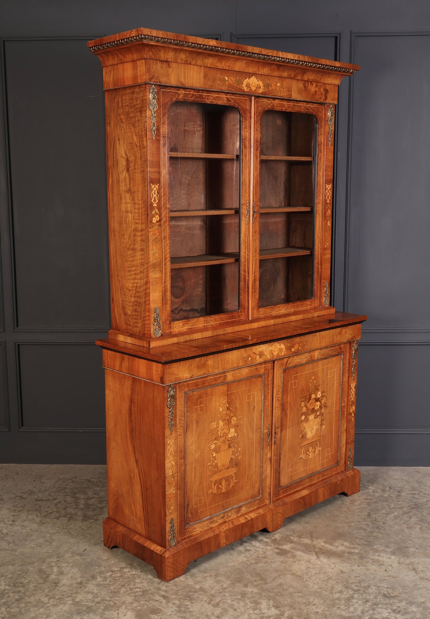 Figured Walnut Marquetry Inlaid Glazed Bookcase