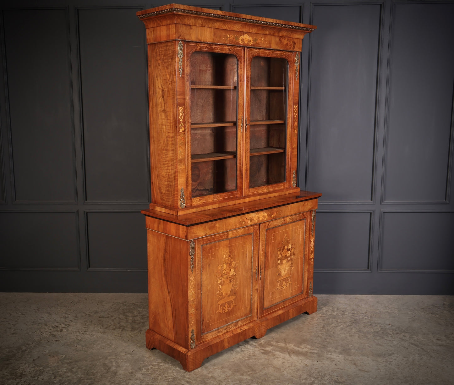 Figured Walnut Marquetry Inlaid Glazed Bookcase