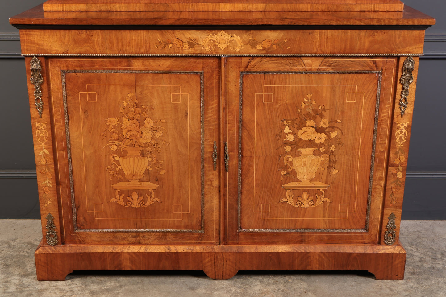 Figured Walnut Marquetry Inlaid Glazed Bookcase