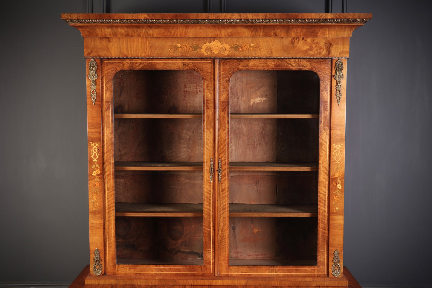 Figured Walnut Marquetry Inlaid Glazed Bookcase