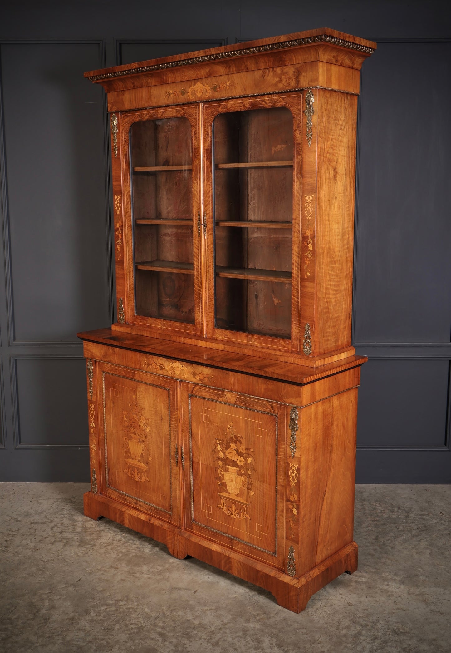 Figured Walnut Marquetry Inlaid Glazed Bookcase