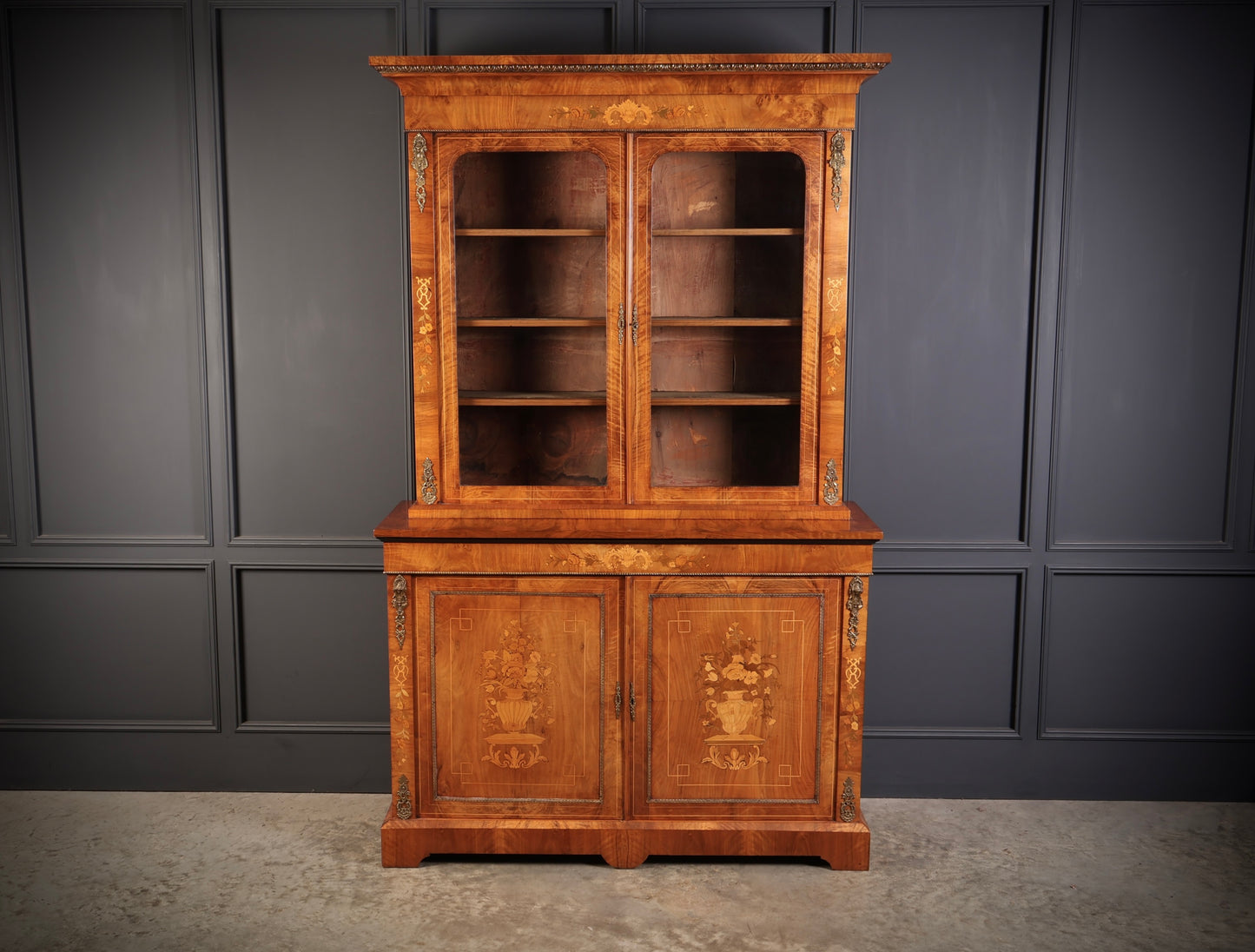 Figured Walnut Marquetry Inlaid Glazed Bookcase