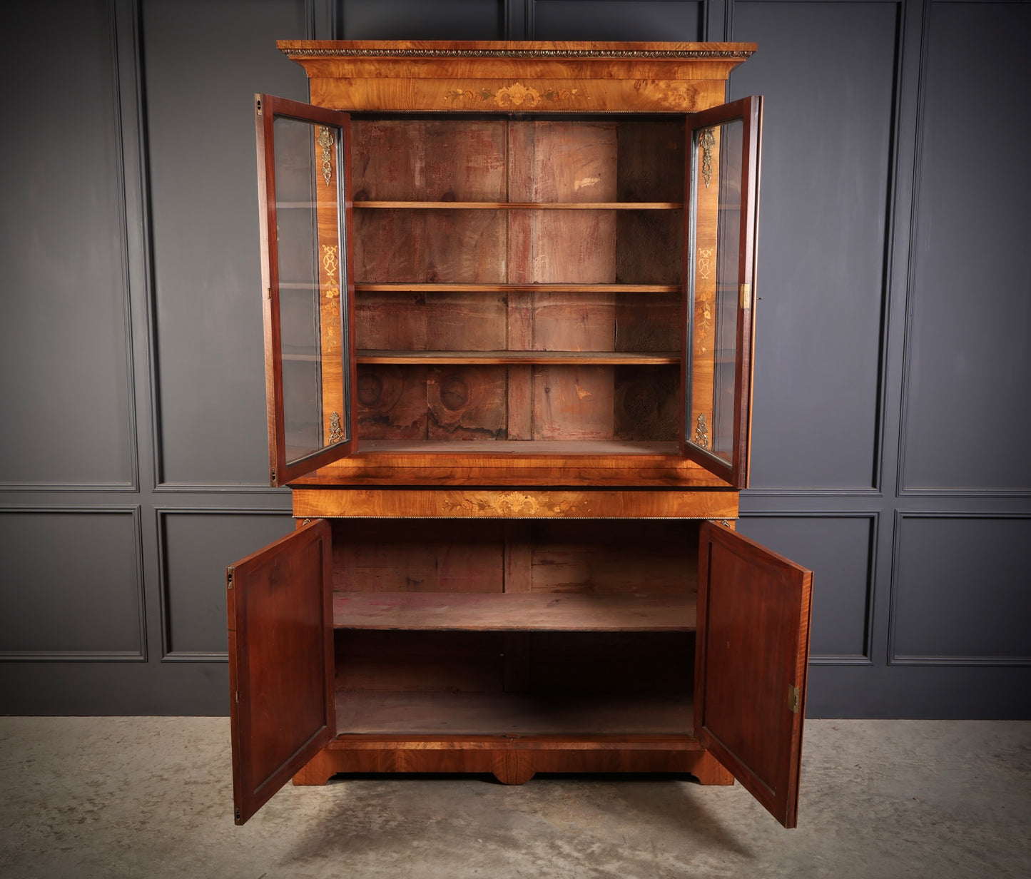 Figured Walnut Marquetry Inlaid Glazed Bookcase