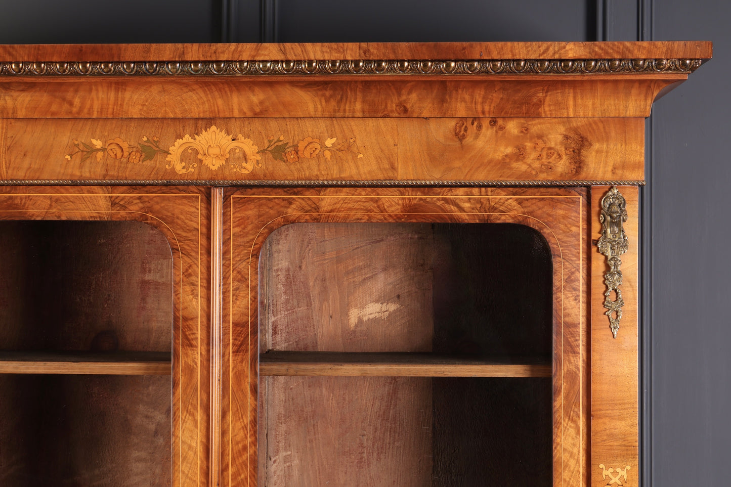 Figured Walnut Marquetry Inlaid Glazed Bookcase