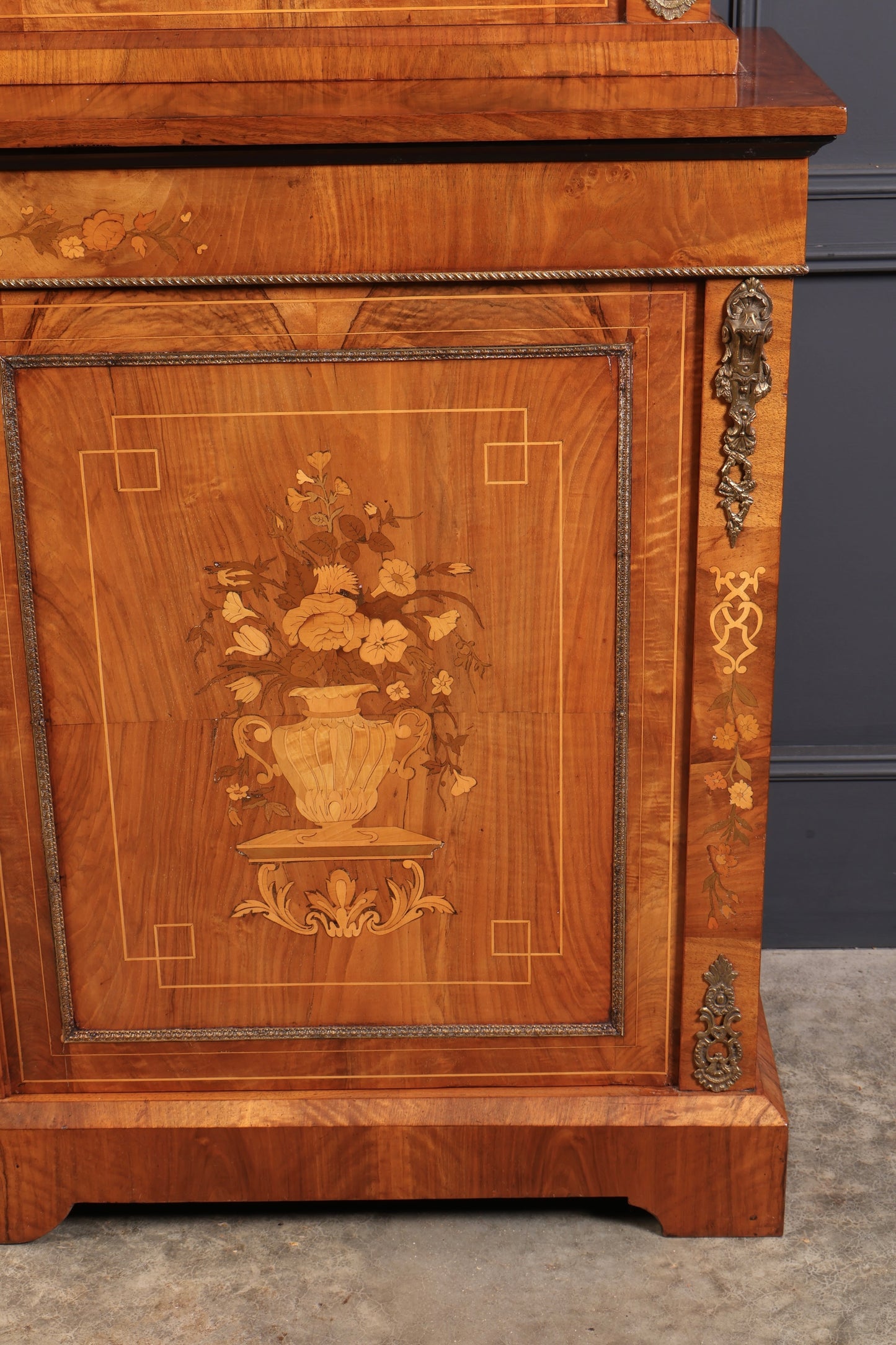 Figured Walnut Marquetry Inlaid Glazed Bookcase