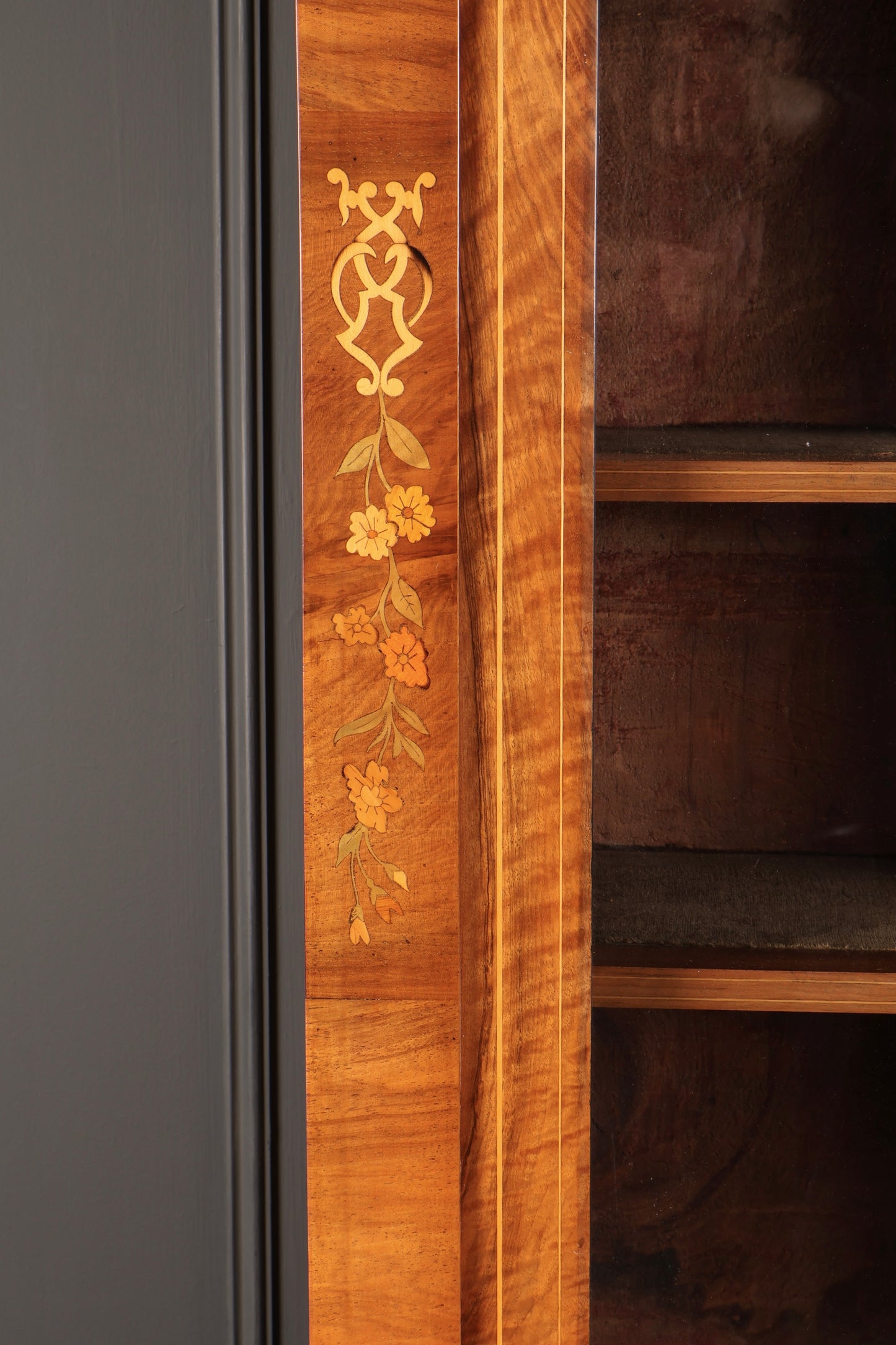 Figured Walnut Marquetry Inlaid Glazed Bookcase