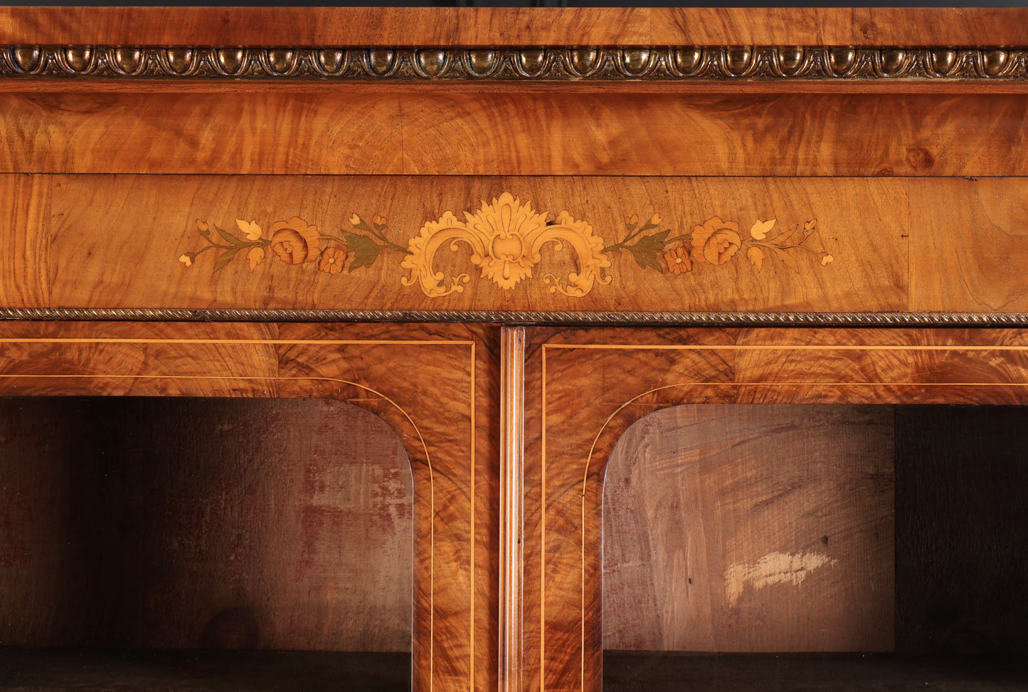 Figured Walnut Marquetry Inlaid Glazed Bookcase