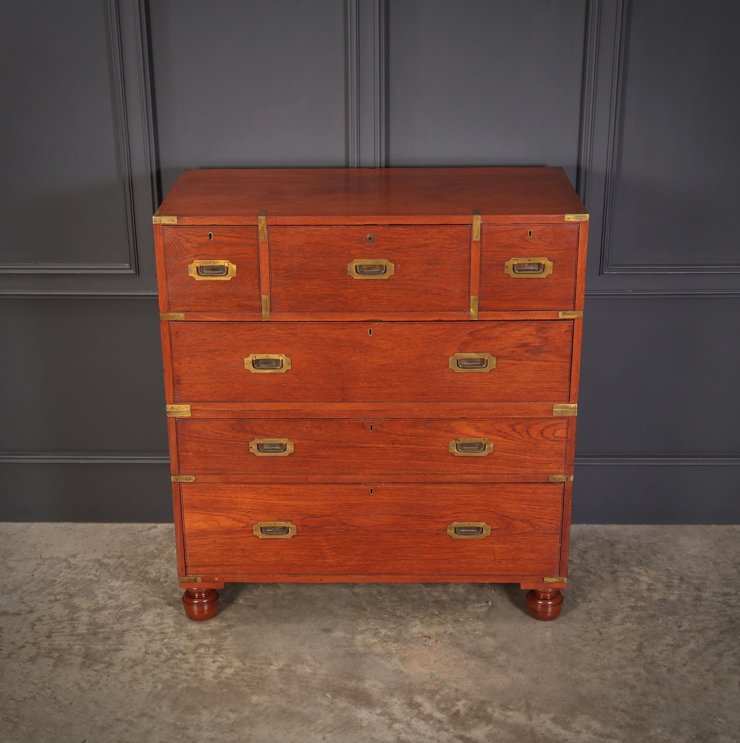 Genuine Victorian Teak Military Secretaire Chest