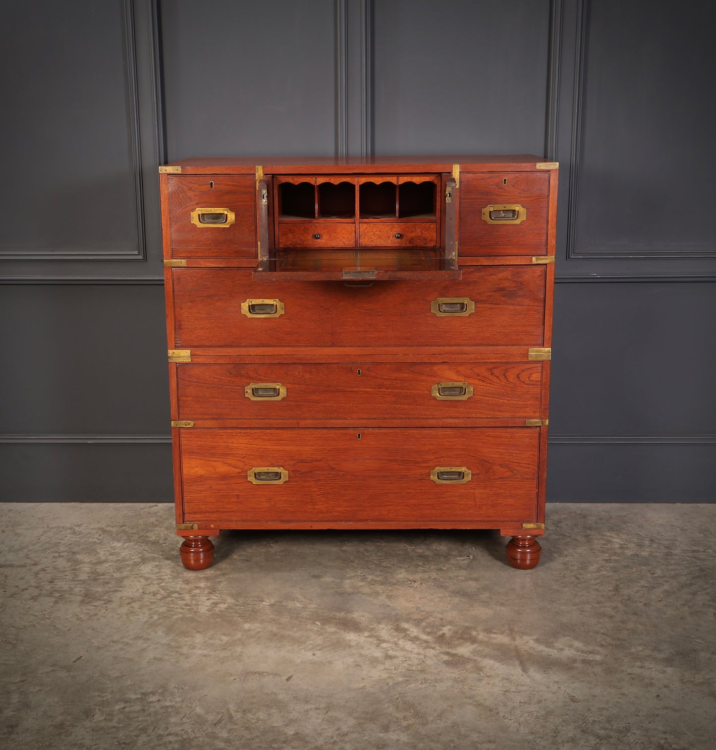 Genuine Victorian Teak Military Secretaire Chest