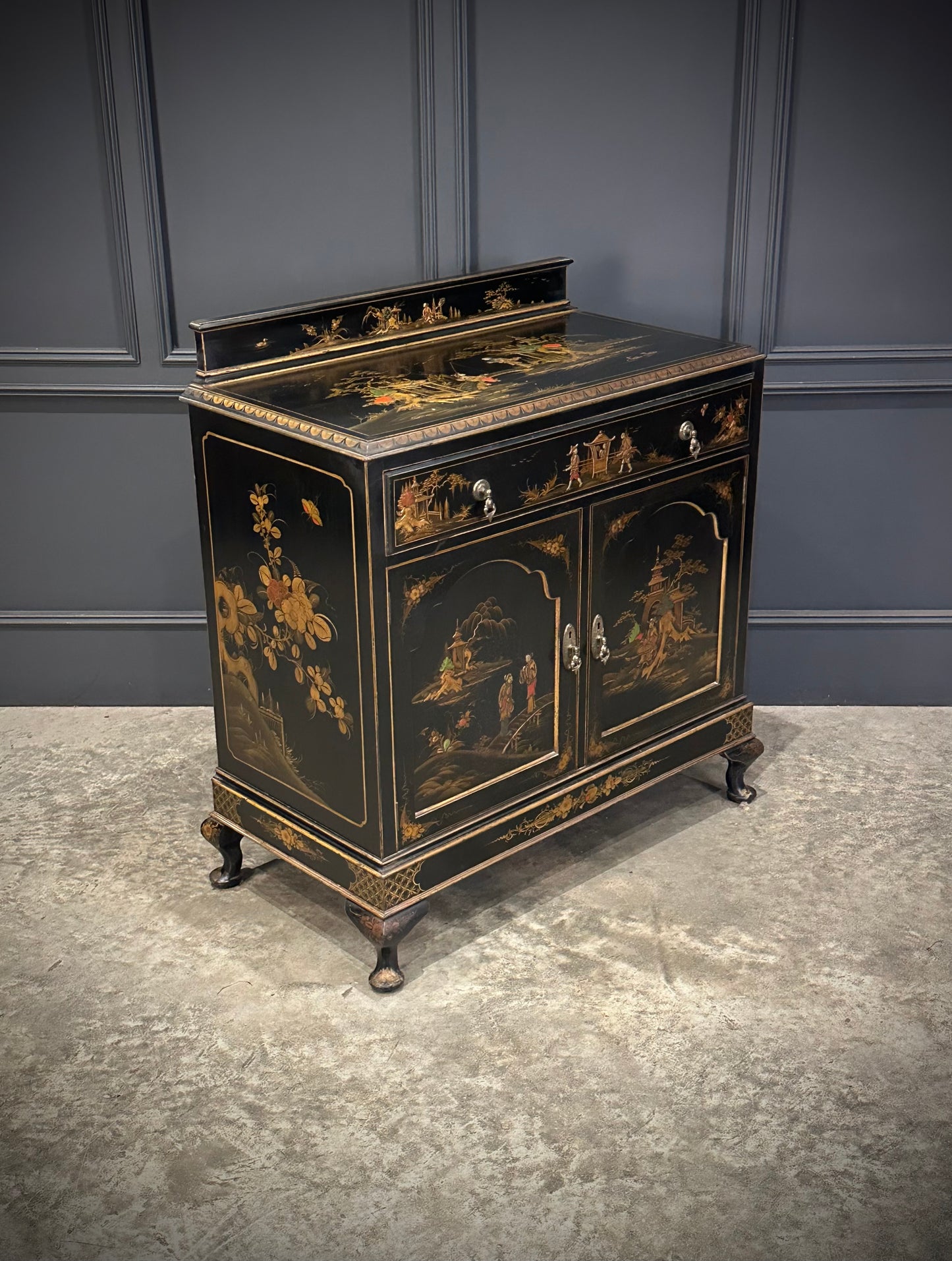 Chinoiserie Black Lacquered Japanned Side Cabinet