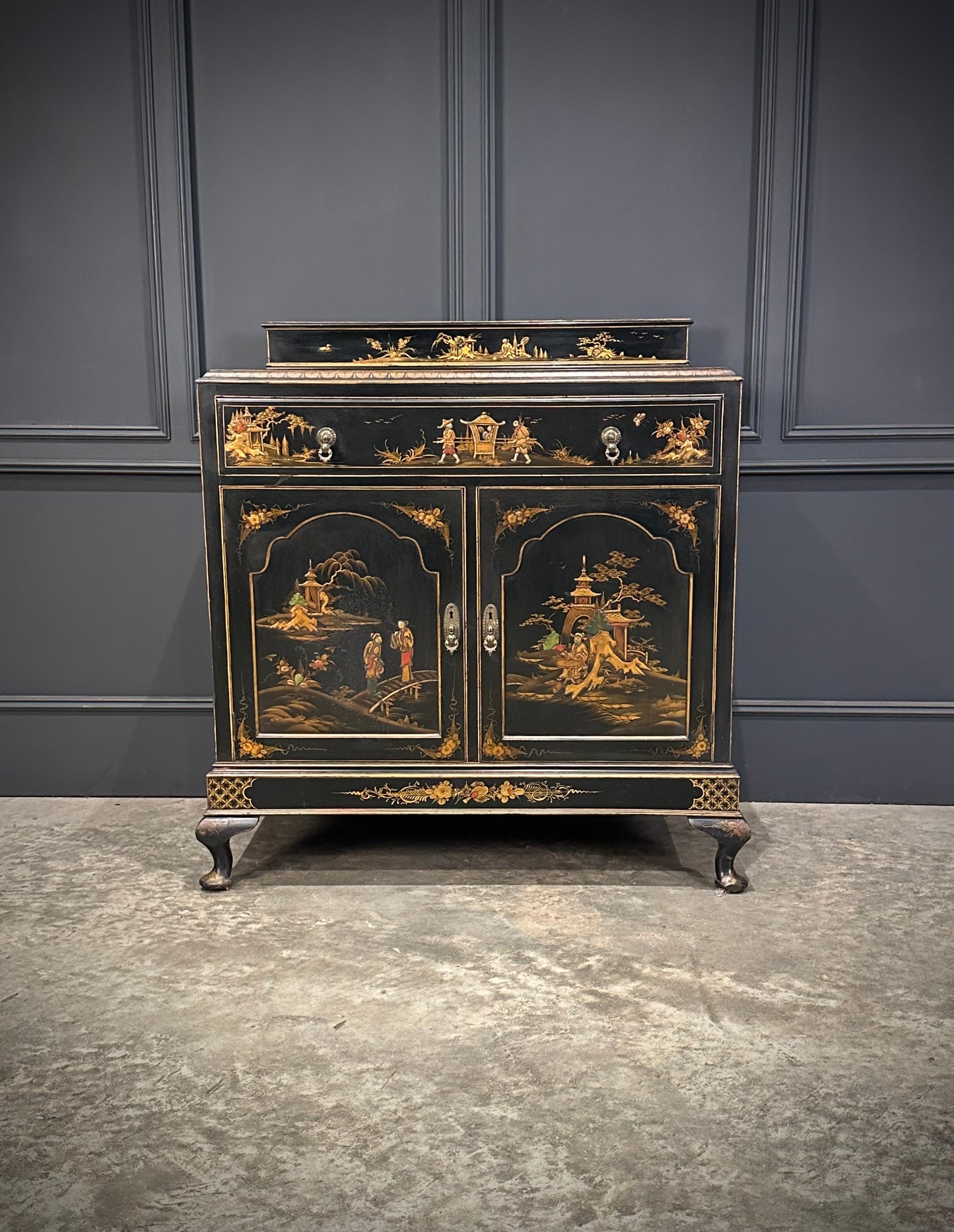Chinoiserie Black Lacquered Japanned Side Cabinet