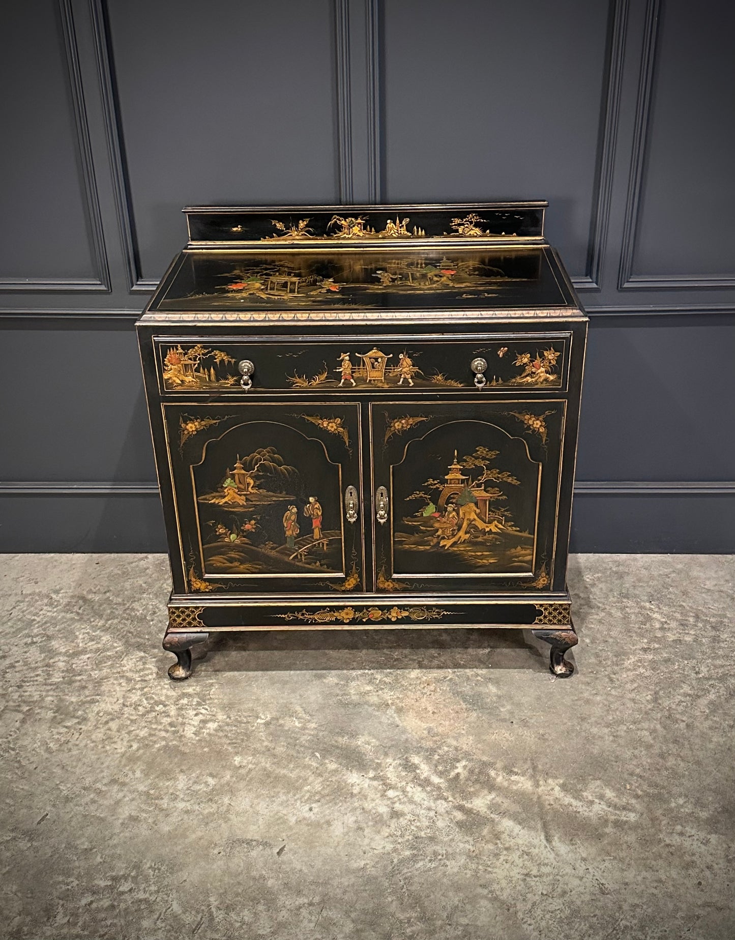 Chinoiserie Black Lacquered Japanned Side Cabinet