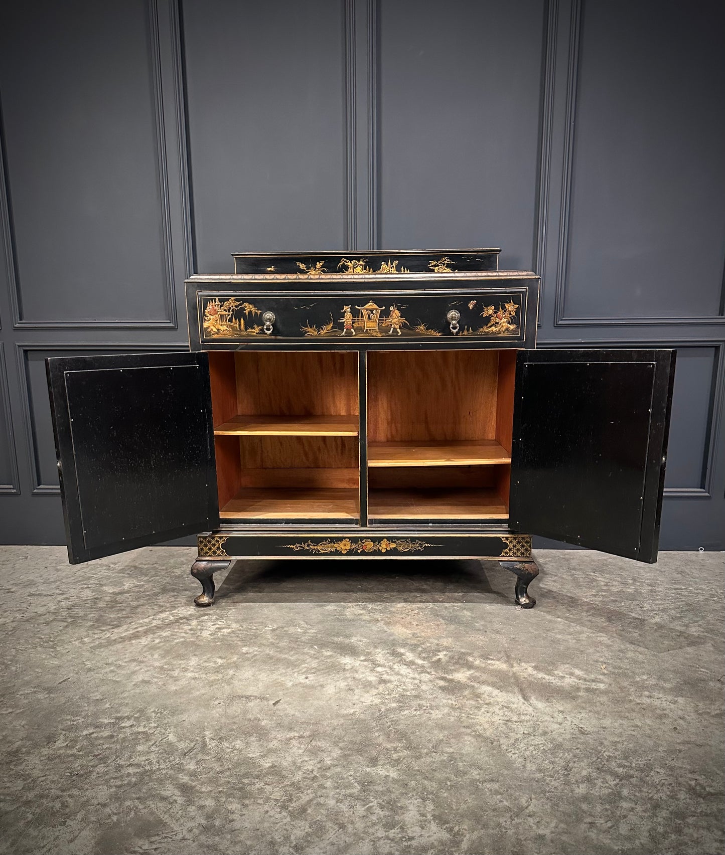 Chinoiserie Black Lacquered Japanned Side Cabinet