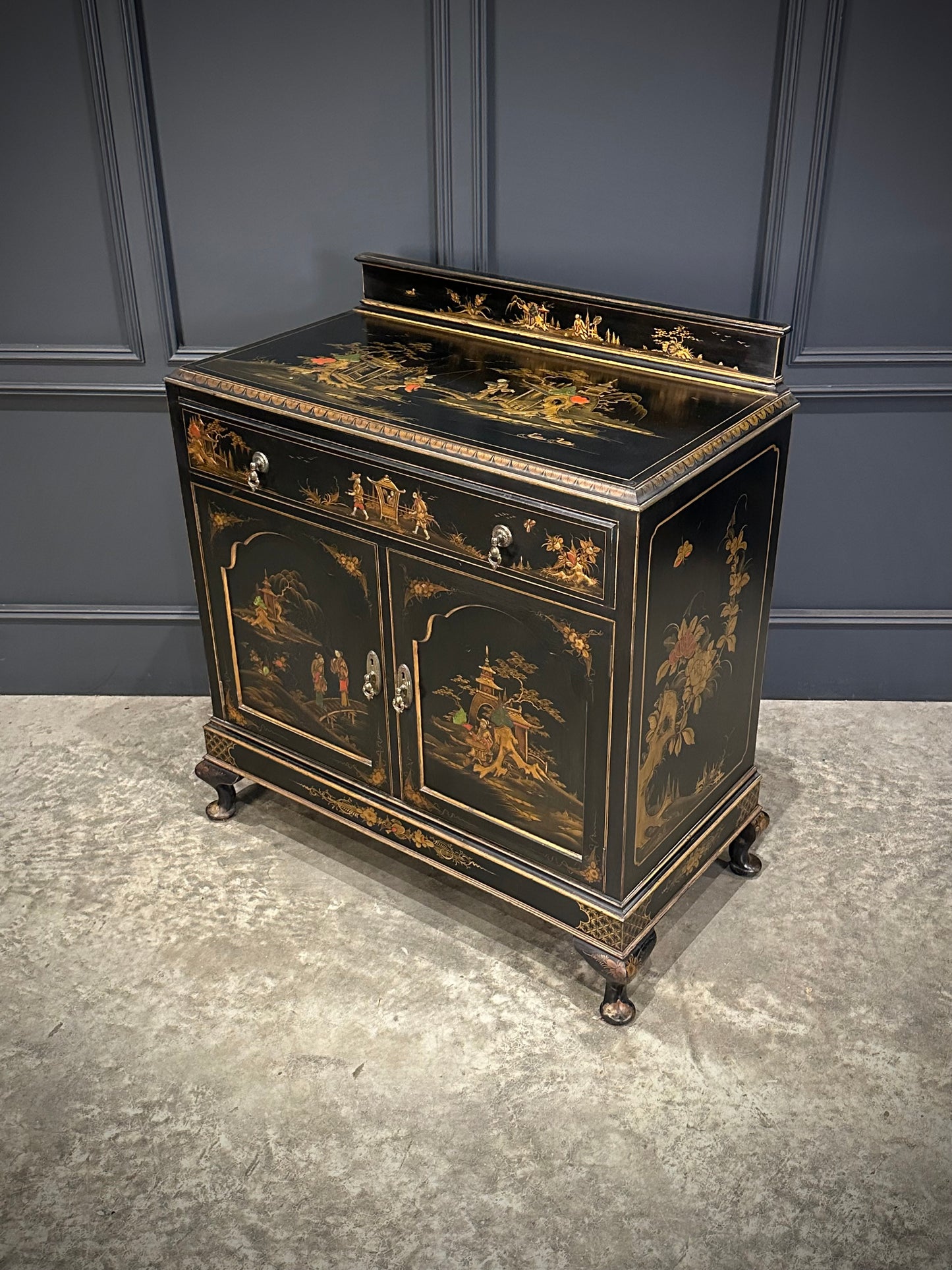 Chinoiserie Black Lacquered Japanned Side Cabinet
