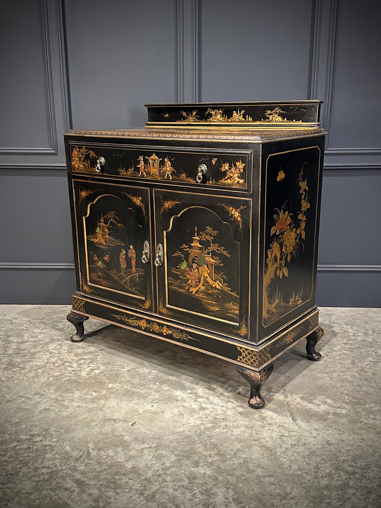 Chinoiserie Black Lacquered Japanned Side Cabinet