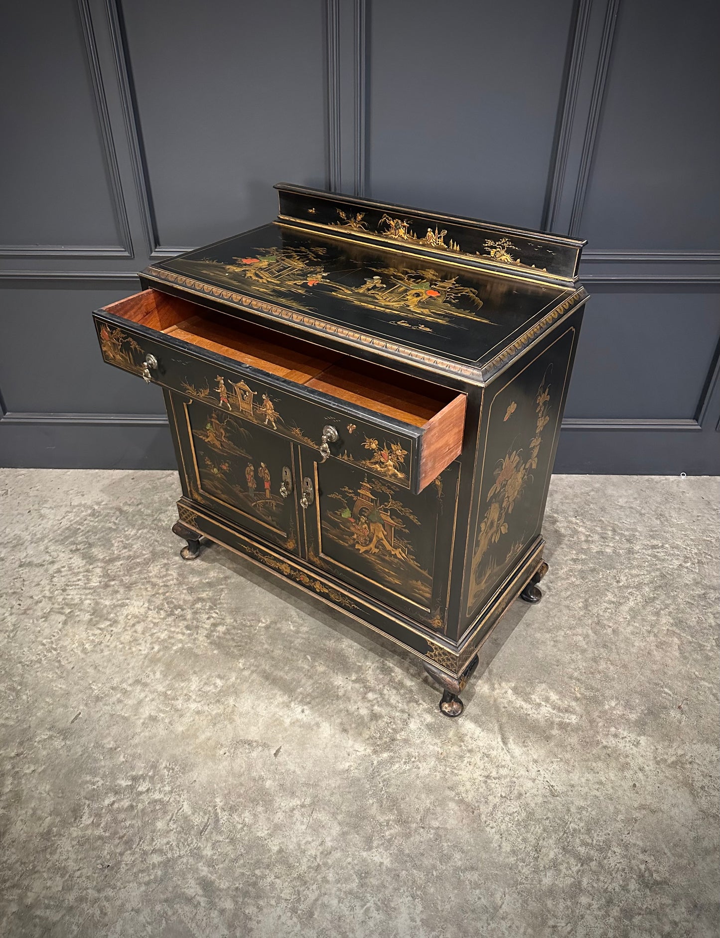 Chinoiserie Black Lacquered Japanned Side Cabinet
