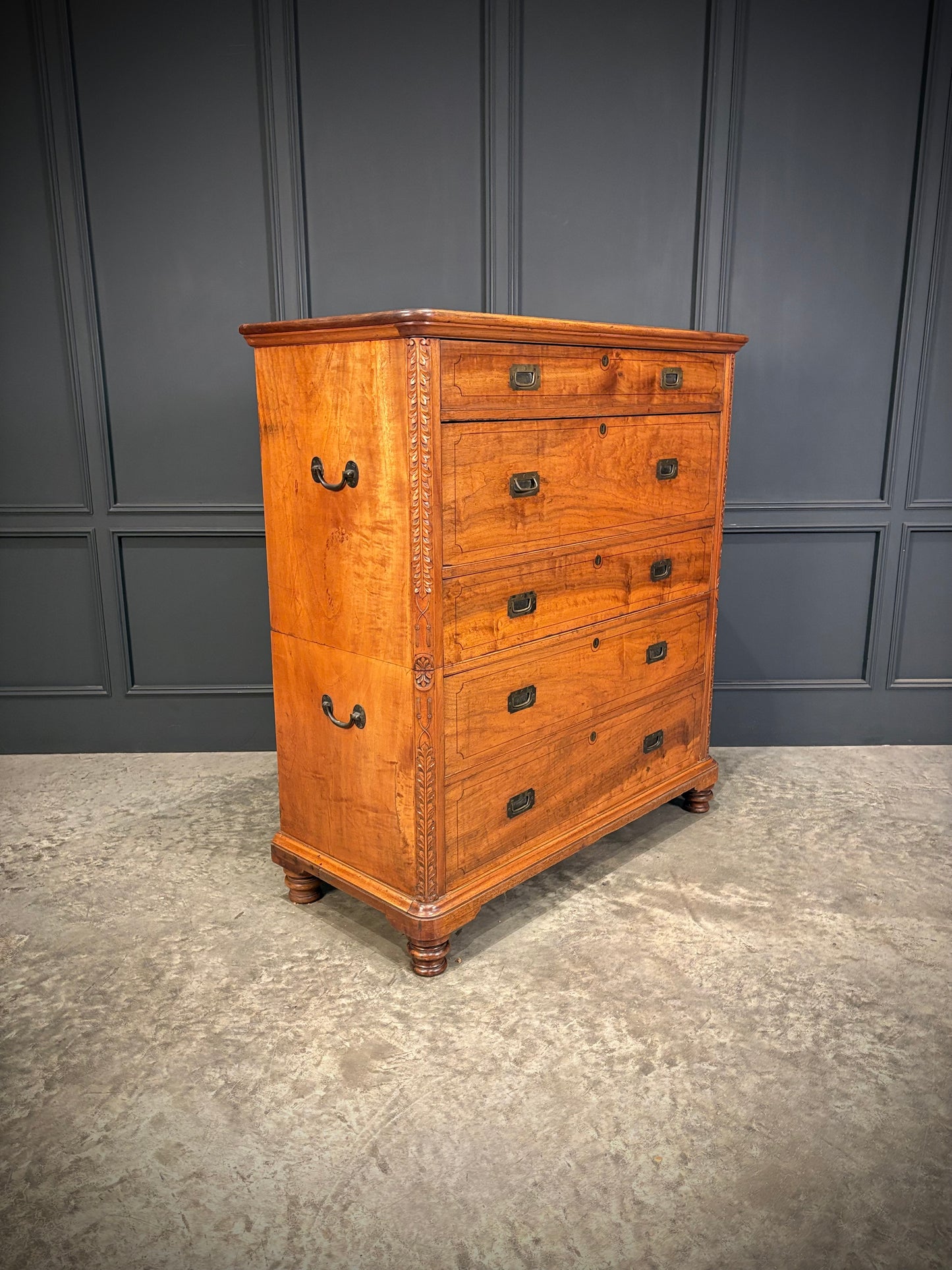 19th Century Camphor Wood Military Campaign Secretaire Chest
