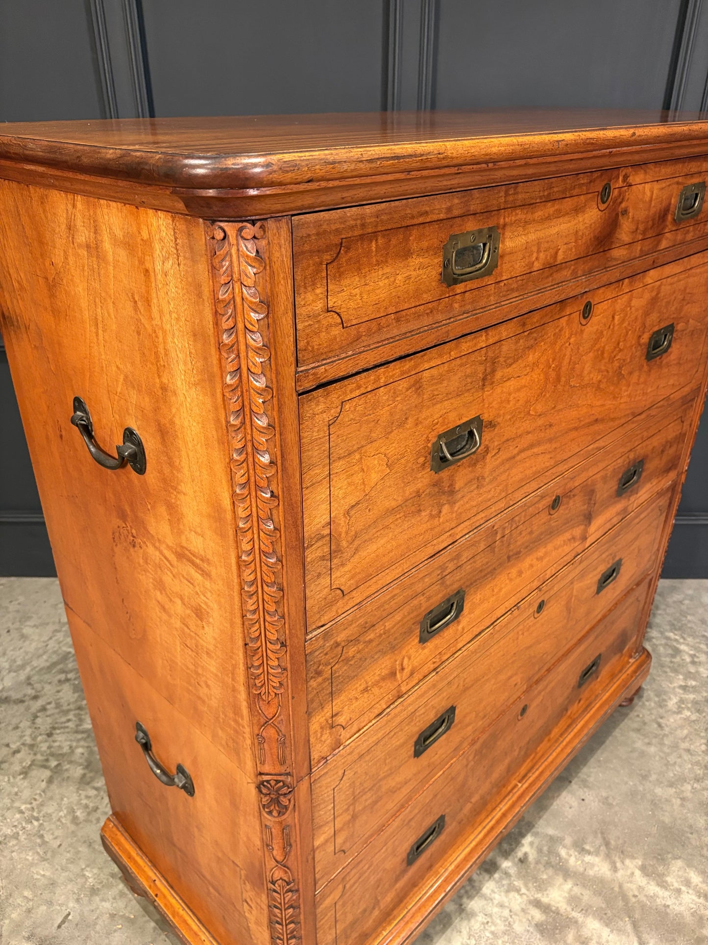 19th Century Camphor Wood Military Campaign Secretaire Chest