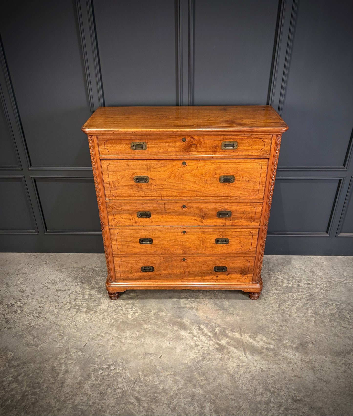 19th Century Camphor Wood Military Campaign Secretaire Chest
