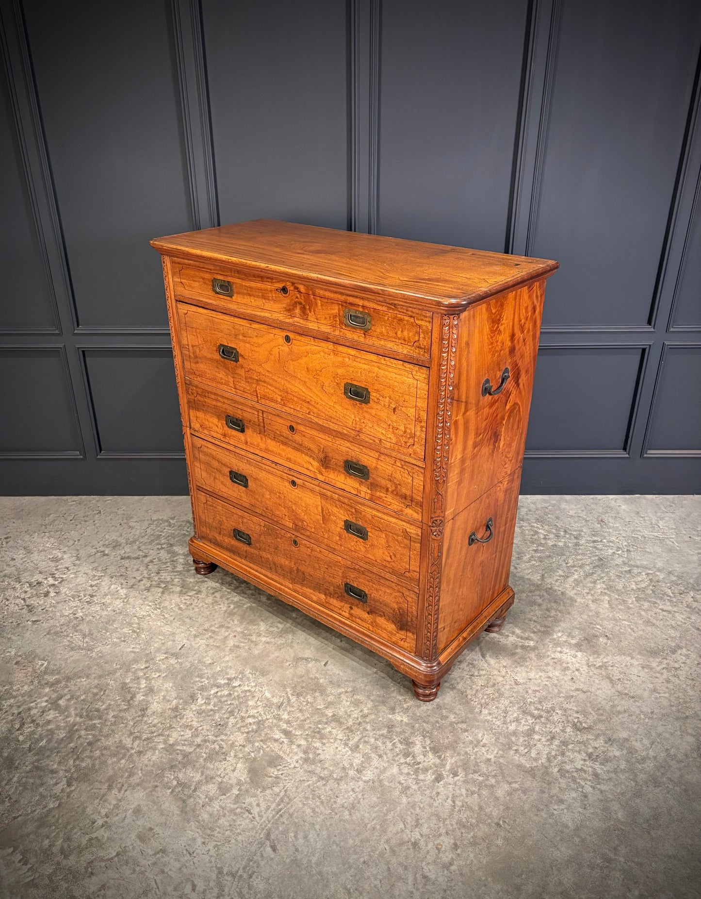 19th Century Camphor Wood Military Campaign Secretaire Chest