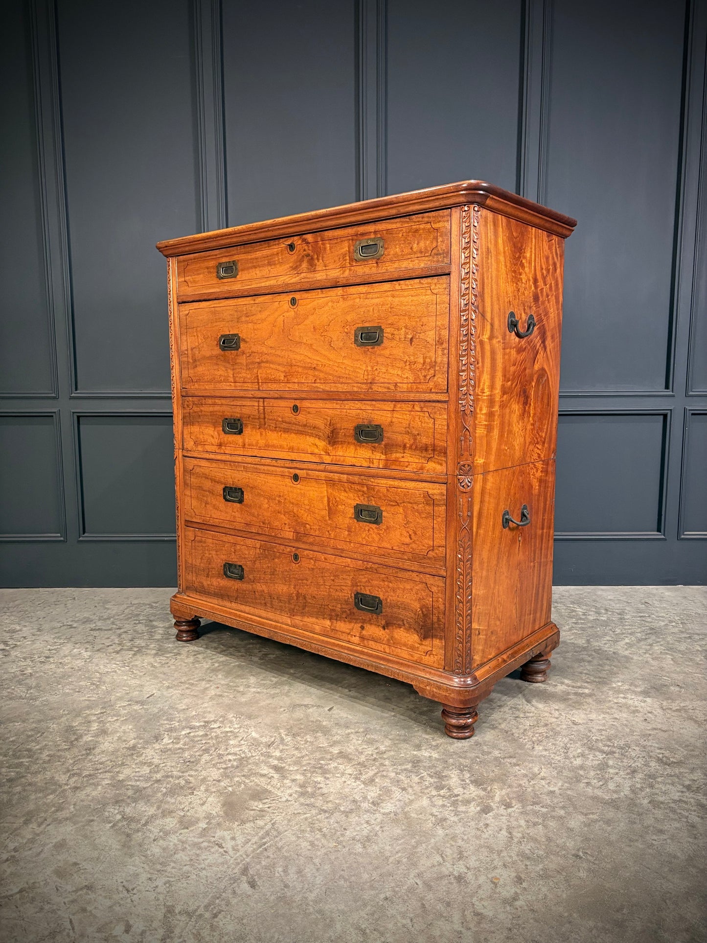 19th Century Camphor Wood Military Campaign Secretaire Chest