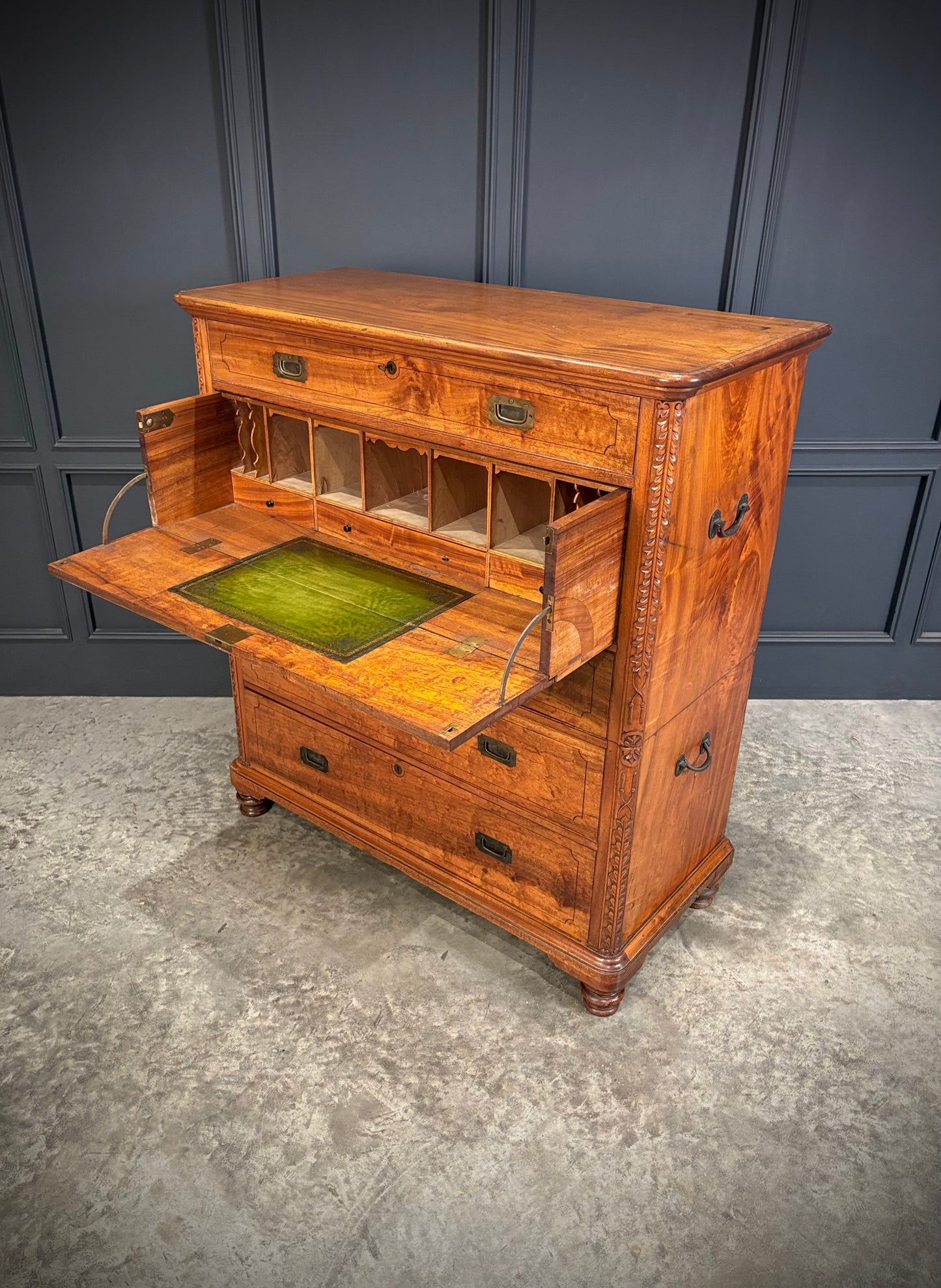 19th Century Camphor Wood Military Campaign Secretaire Chest