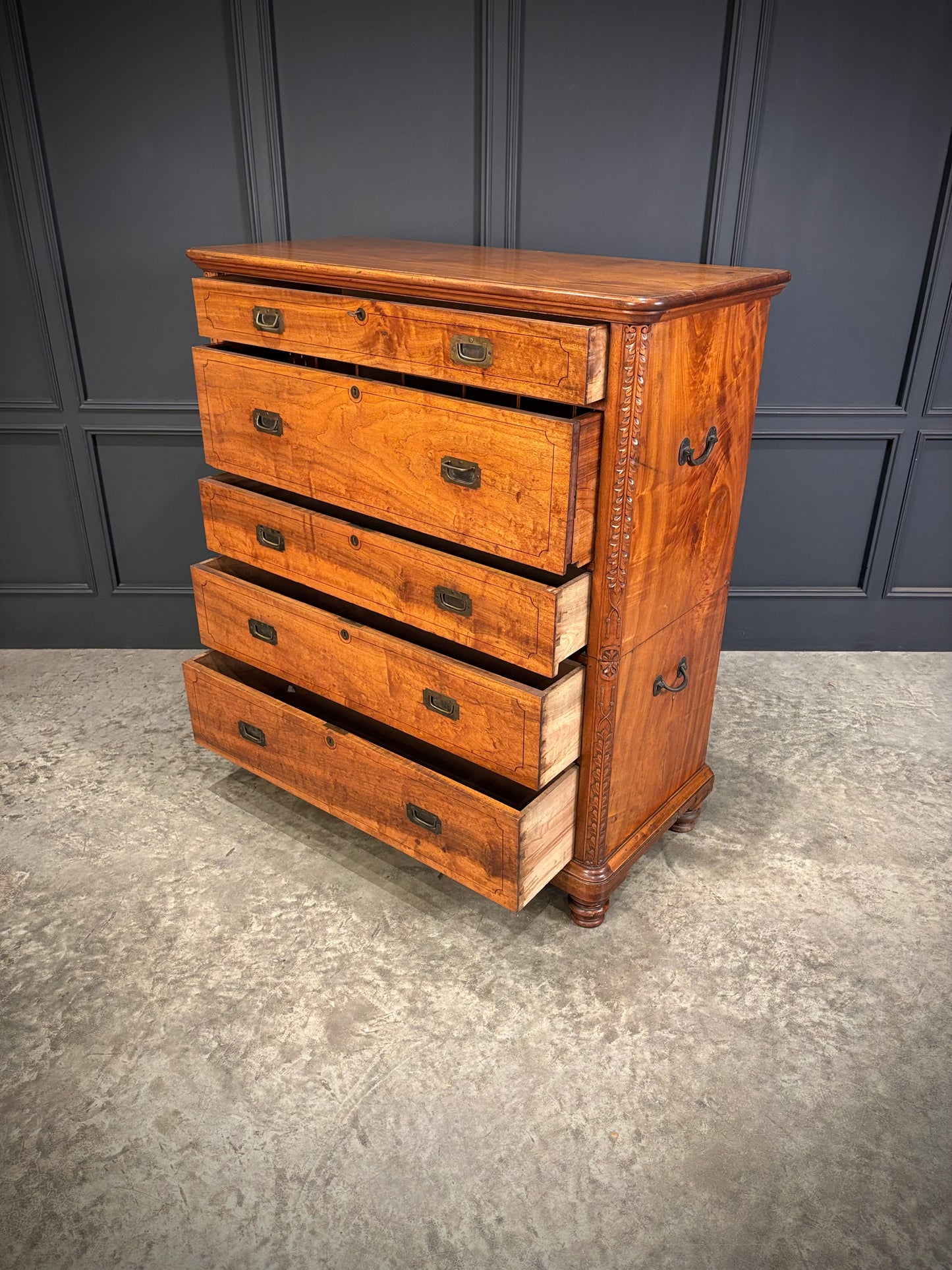 19th Century Camphor Wood Military Campaign Secretaire Chest