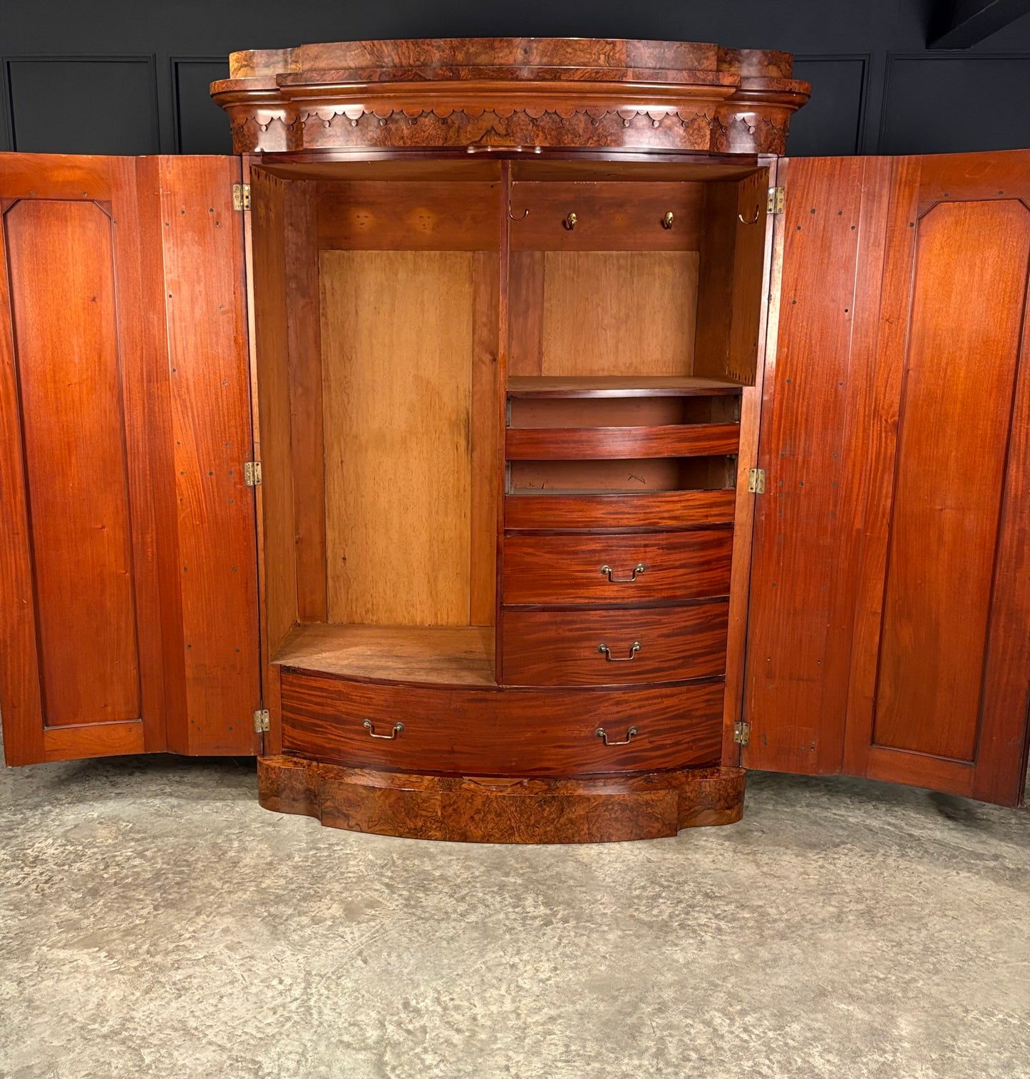 Large Victorian Bow Front Walnut Wardrobe