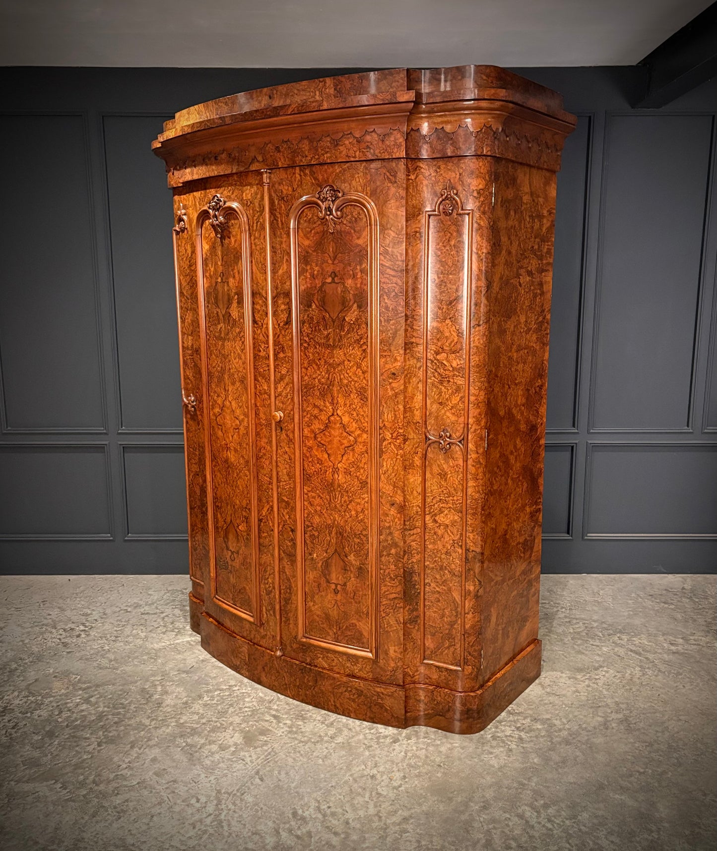 Large Victorian Bow Front Walnut Wardrobe