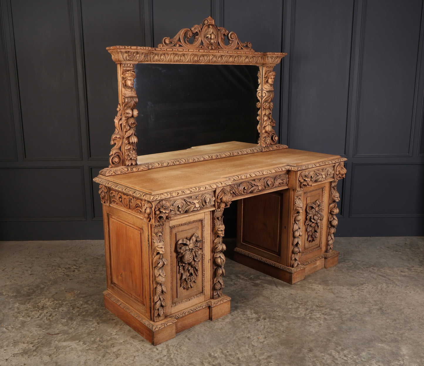 Bleached Carved Oak Pedestal Sideboard