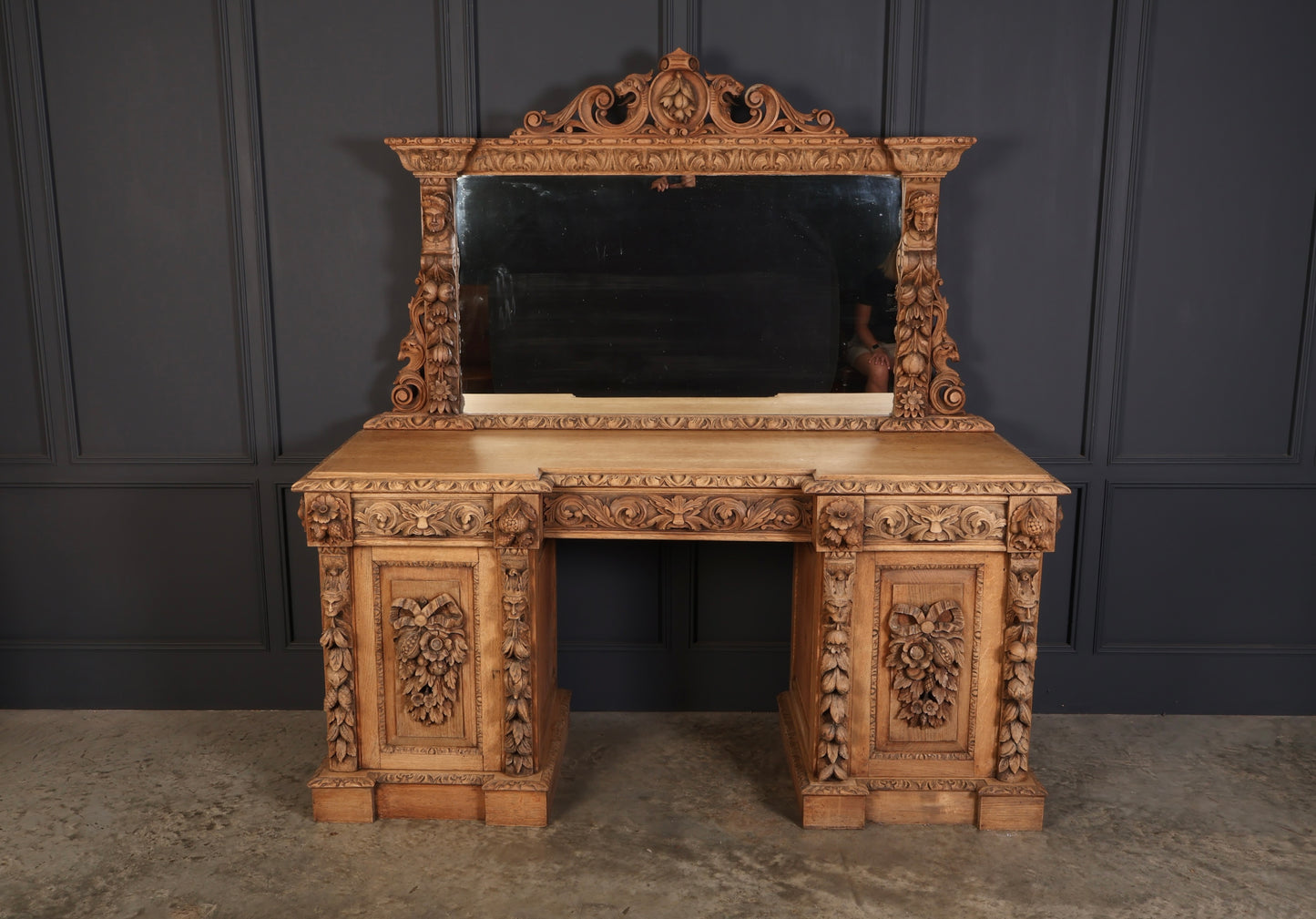 Bleached Carved Oak Pedestal Sideboard