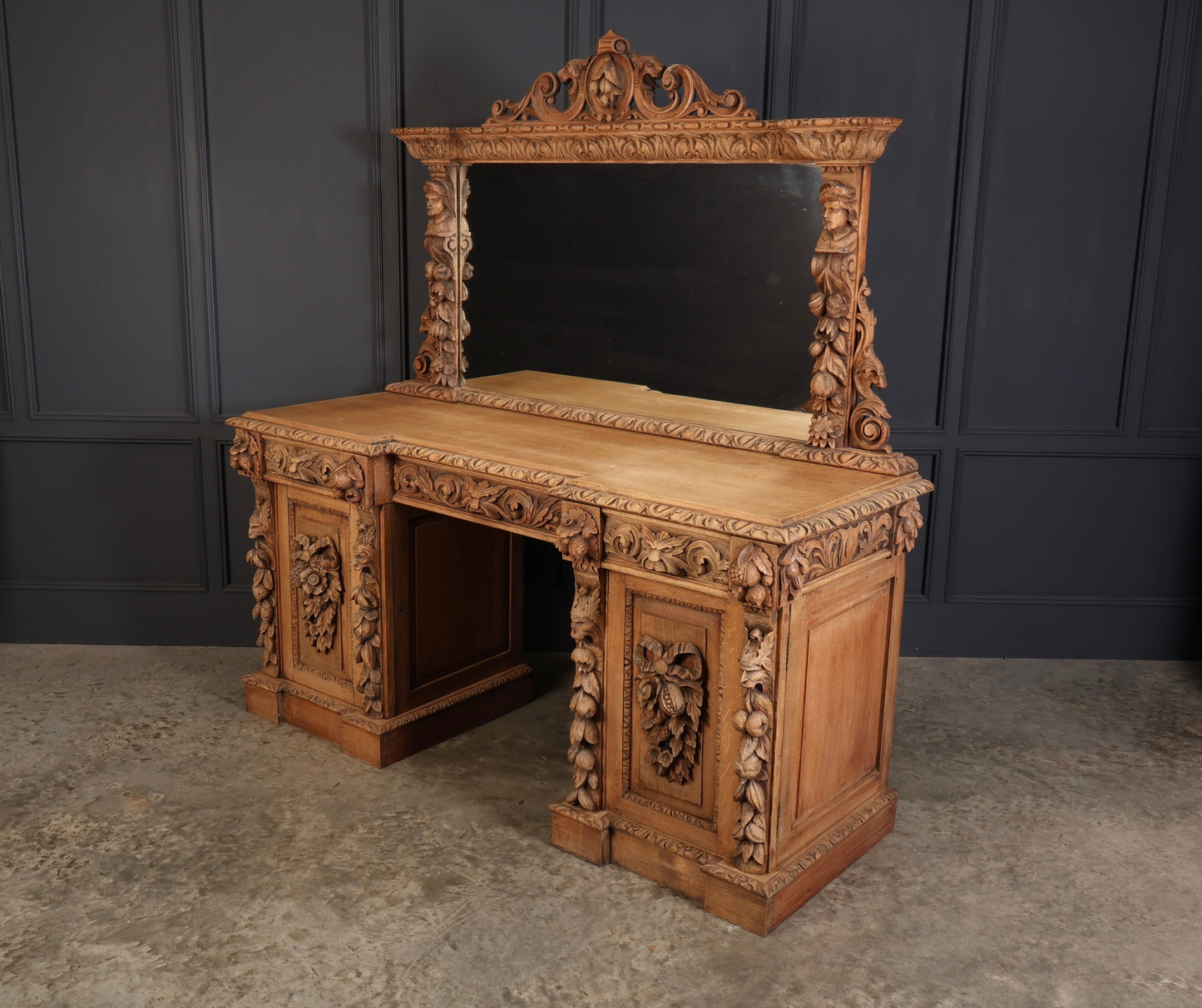 Bleached Carved Oak Pedestal Sideboard