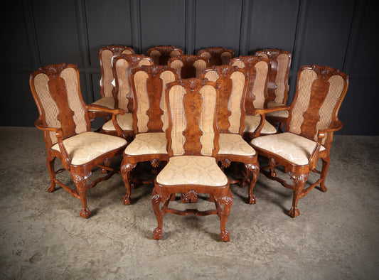 Set of Twelve Queen Anne Style Walnut Dining Chairs