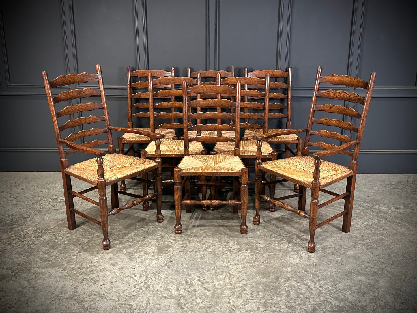 Set of Eight Ladder Back Dining Chairs