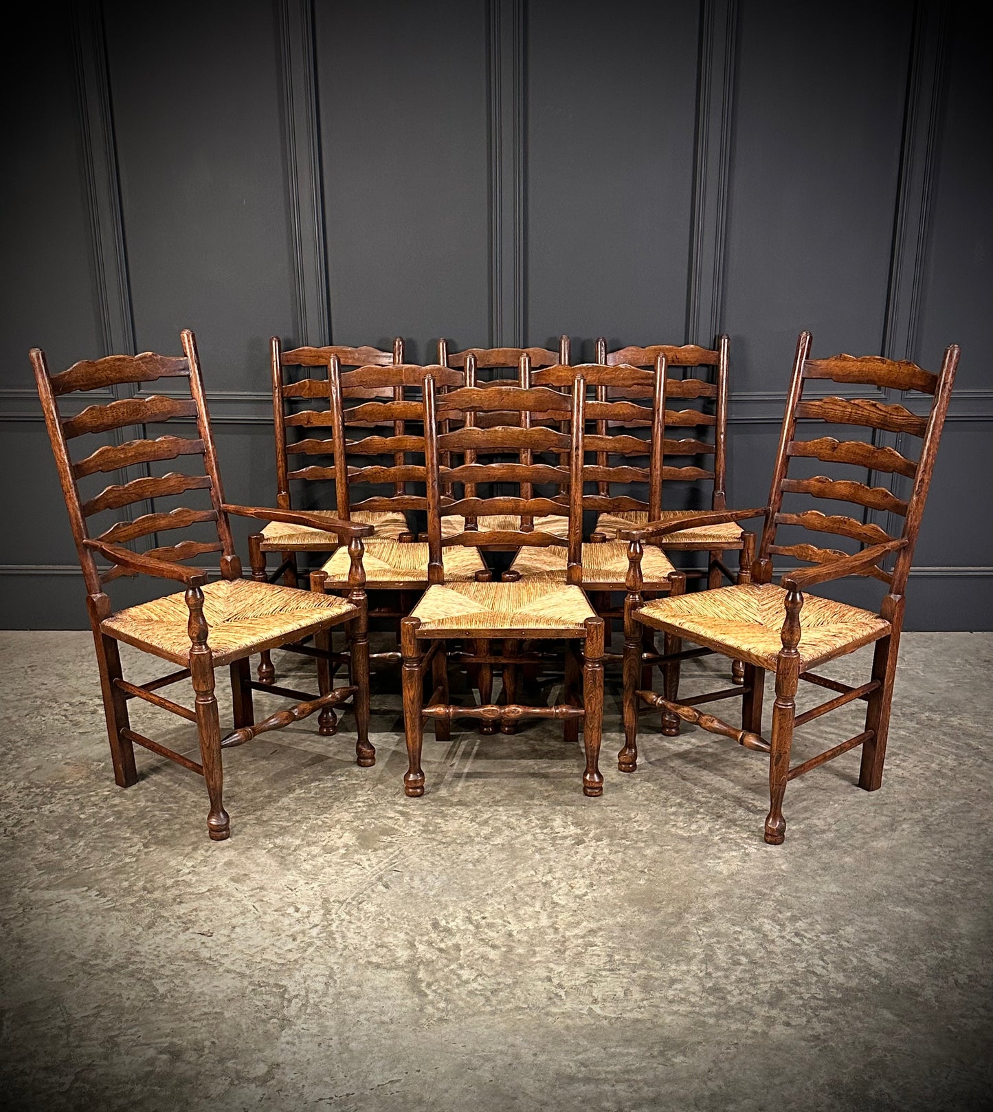 Set of Eight Ladder Back Dining Chairs