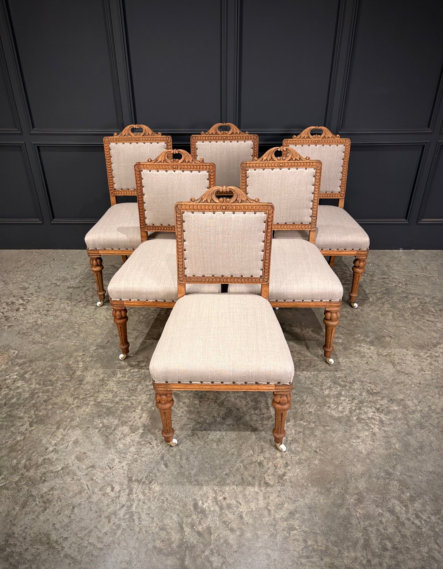 Set Of Six Carved Bleached Oak Dining Chairs
