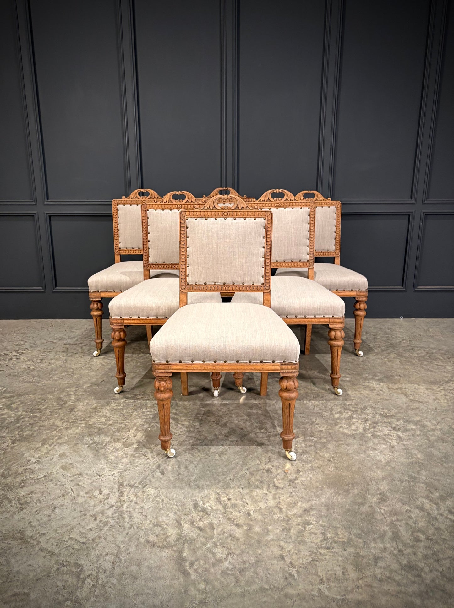Set Of Six Carved Bleached Oak Dining Chairs